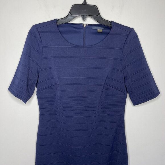 TOMMY HILFIGER Dress Womens Small Blue Short Sleeve Fitted Midi Stretch Knit - Picture 2 of 8